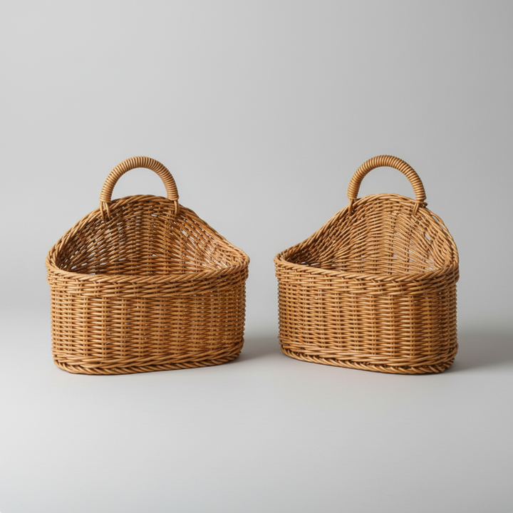 Set of handwoven wall storage baskets with sturdy handles, natural material for stylish organization in any room.