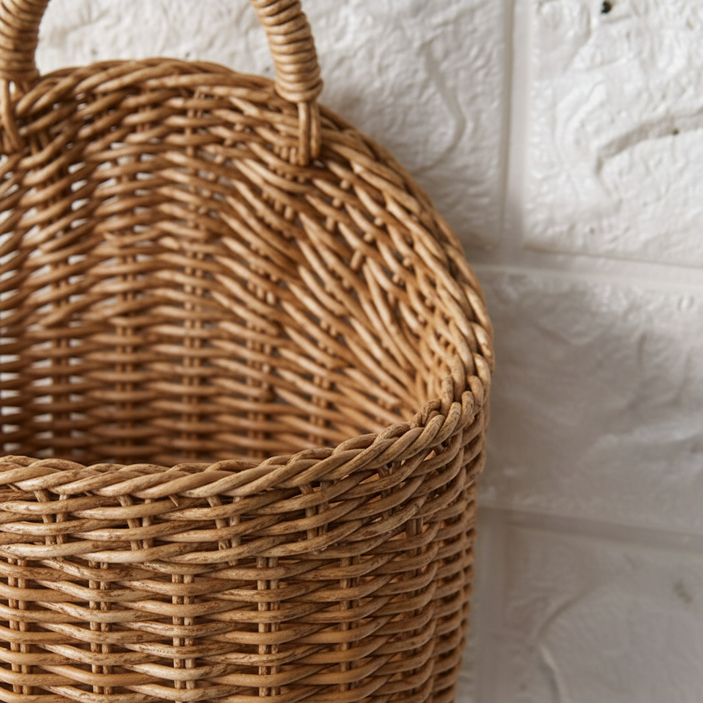 Natural handwoven rustic storage basket set with handles, perfect wall decor & organization for kitchen & bath.