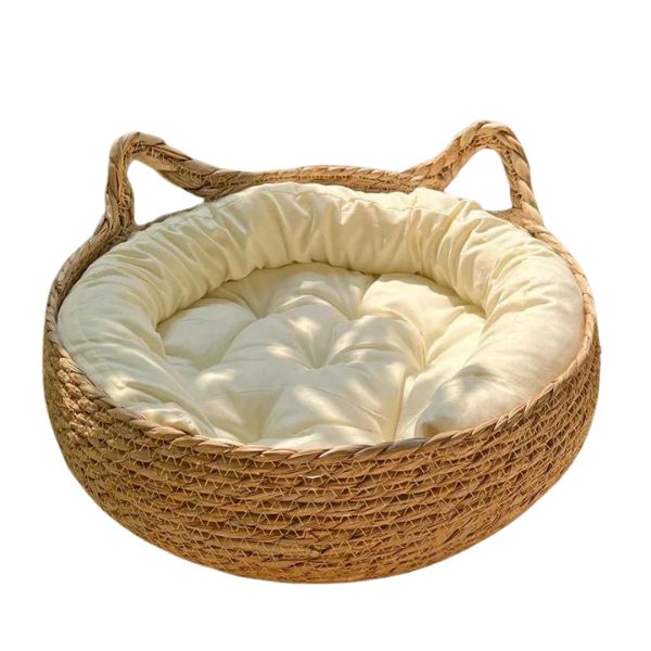 Handwoven rattan cat bed basket. Cozy, eco-friendly pet furniture for comfortable feline lounging.