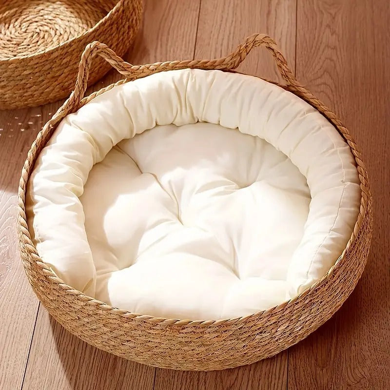 Comfortable handwoven rattan cat bed, a natural and cozy pet basket. Blends with modern home decor.