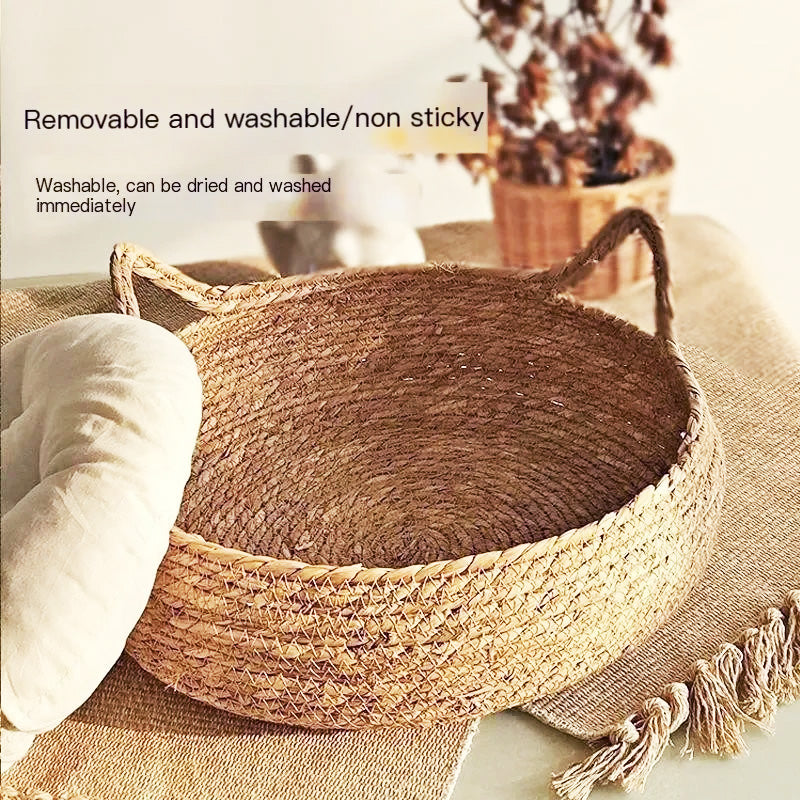 Elegant handwoven rattan pet basket for cats. Natural material, providing a cozy and secure cat bed.