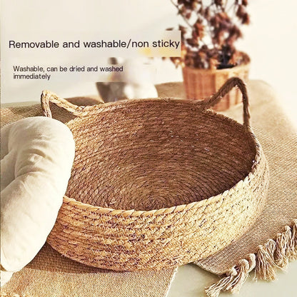 Elegant handwoven rattan pet basket for cats. Natural material, providing a cozy and secure cat bed.