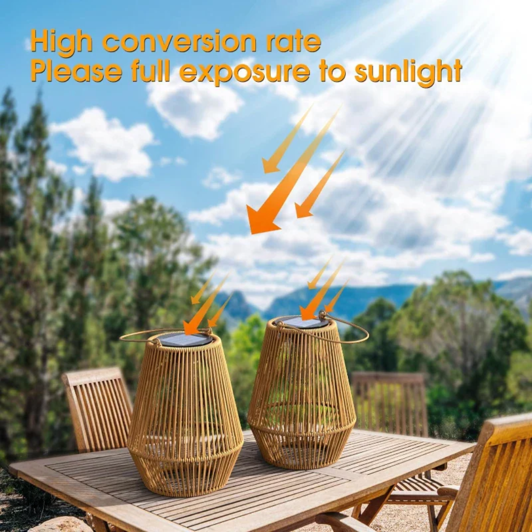 Elegant handwoven solar lantern illuminating a patio. Sustainable outdoor LED lighting decor for gardens.