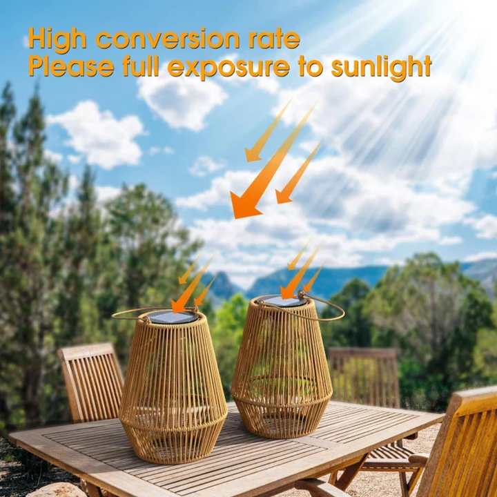 Elegant handwoven solar lantern illuminating a patio. Sustainable outdoor LED lighting decor for gardens.