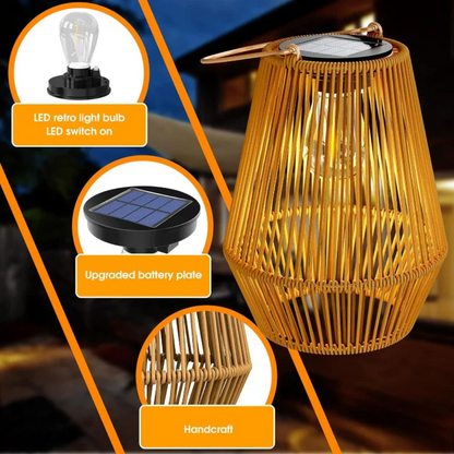 Rattan handwoven solar LED lantern, perfect outdoor lighting for garden decor & sustainable patio ambiance.