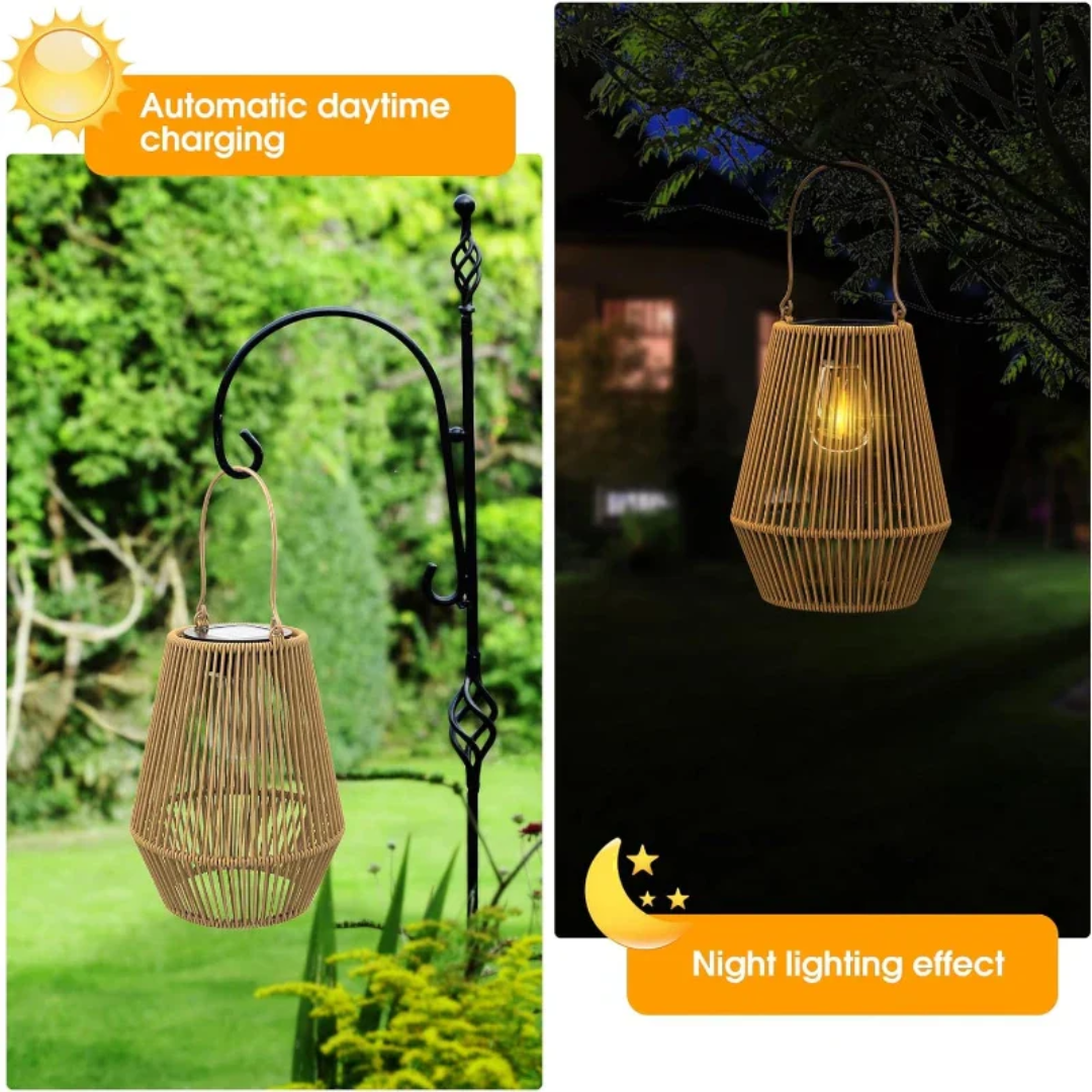 Waterproof handwoven solar lantern for outdoor garden & patio lighting. Sustainable rattan LED decor.