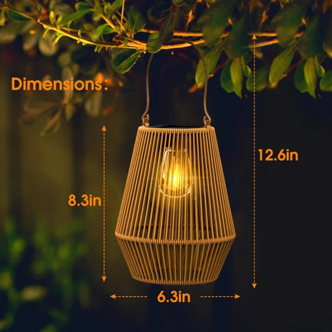 Outdoor solar lantern: handwoven rattan, waterproof, LED lighting for gardens, patios & sustainable decor.