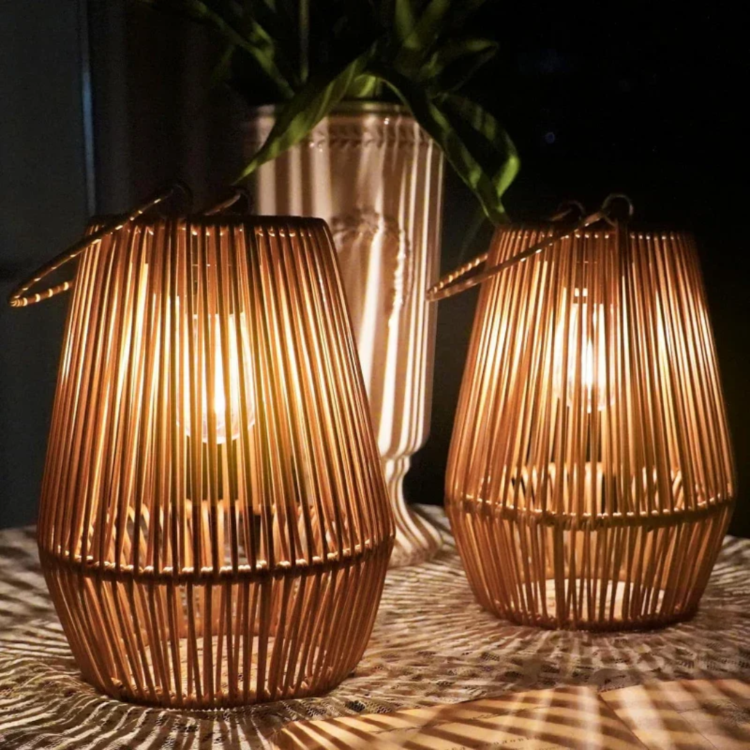 Sustainable handwoven solar LED lantern. Waterproof outdoor rattan lighting for garden & patio decor.