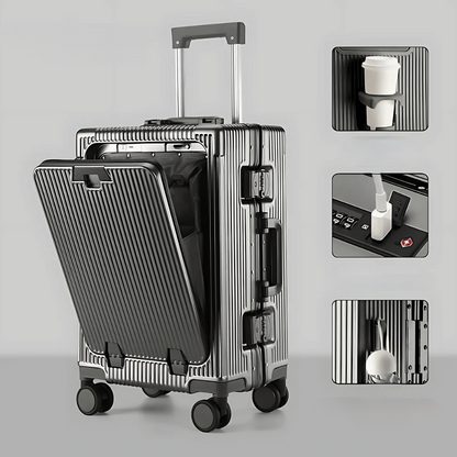 Smart travel with Manhattan Pro hard-shell carry-on, featuring laptop compartment & spinner wheels.