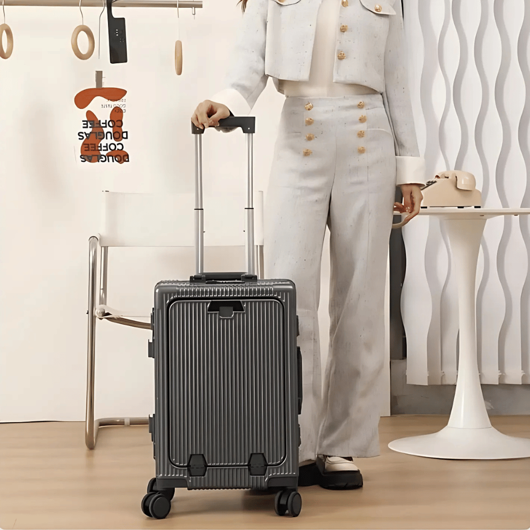 Durable Manhattan Pro hard-shell carry-on luggage with smooth spinner wheels for business travel.