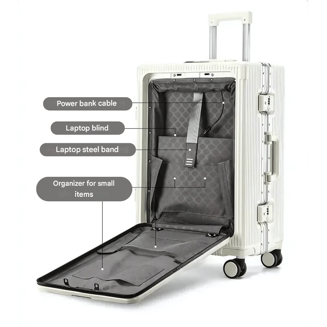 Zipperless Manhattan Pro hard-shell carry-on, a durable travel bag with laptop compartment.