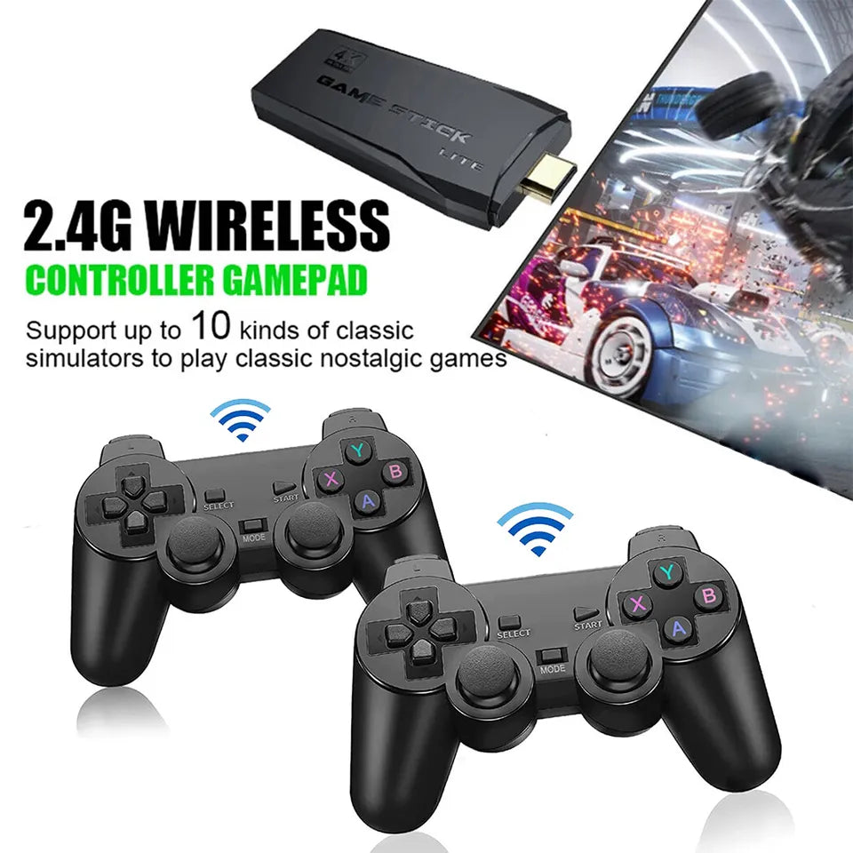 Unisex HDMI 4K TV game stick console, 64GB, delivering 20,000+ classic retro games via 2 wireless gamepads.