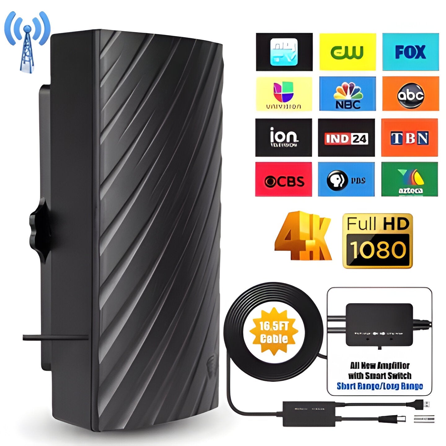HDTV 4K Digital TV antenna, 600-mile range, for clear indoor TV reception & free channels.