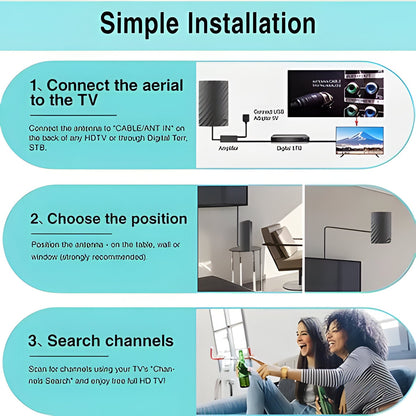 Powerful 600-mile range HDTV 4K digital antenna. Access many free TV channels with clear indoor reception.