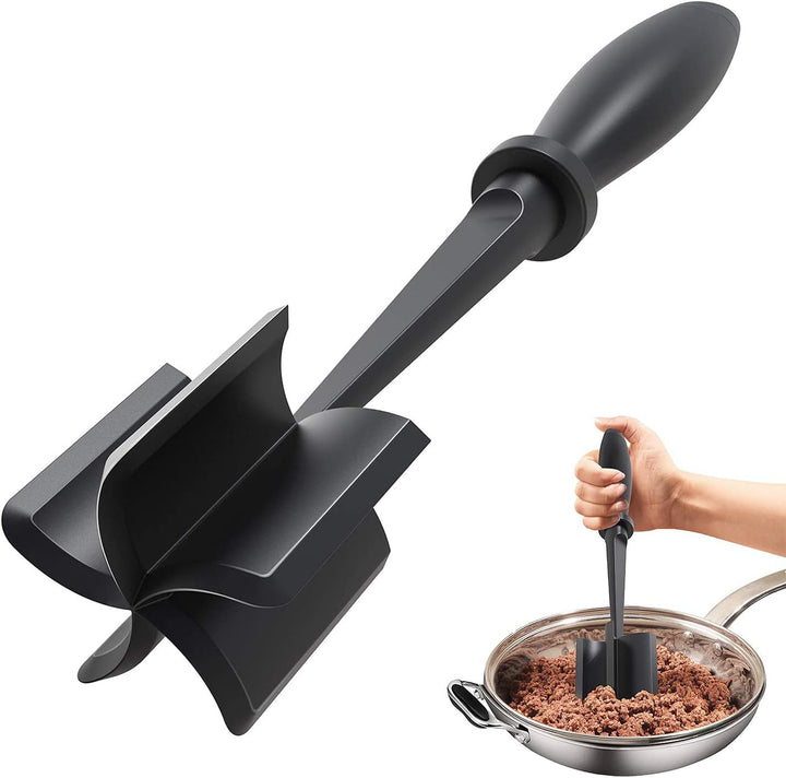 Heat-resistant meat chopper for breaking up ground beef and turkey in hot pans, non-stick safe.