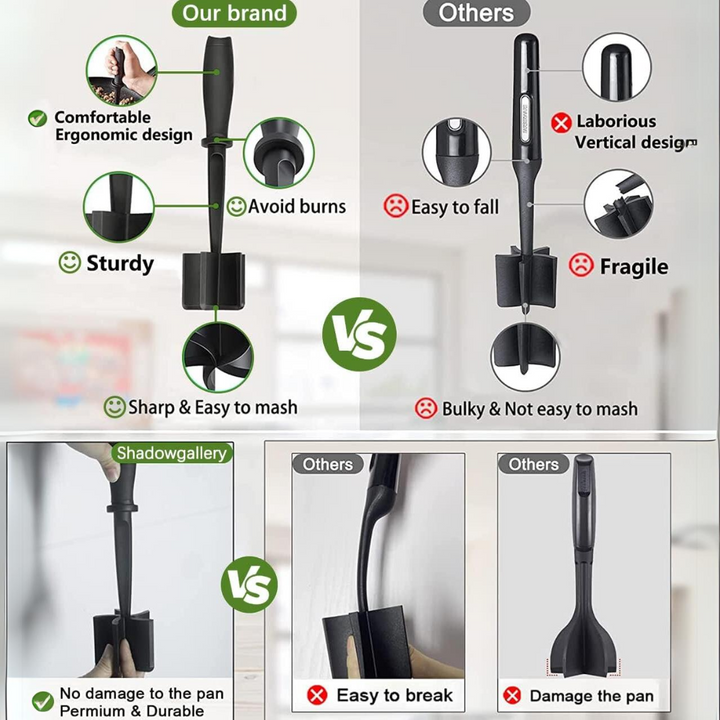 Durable heat-resistant ground meat tool for effortlessly breaking up ground meat in hot pans.