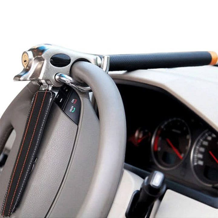 Robust anti-theft device securing a car steering wheel. Premium vehicle protection and auto safety deterrent.