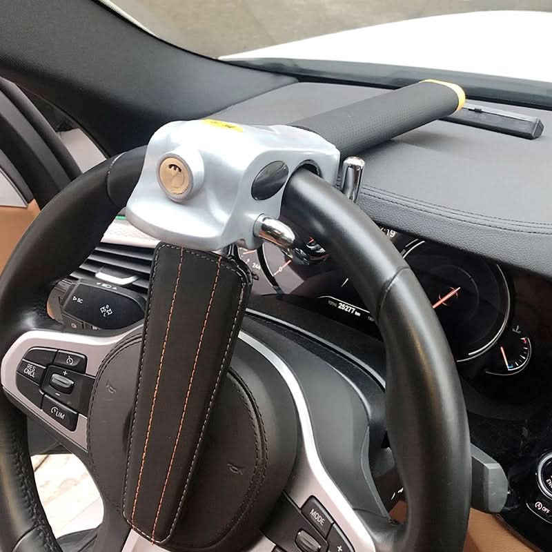 Close-up of a sturdy car steering wheel lock, an essential anti-theft device for enhanced vehicle security.