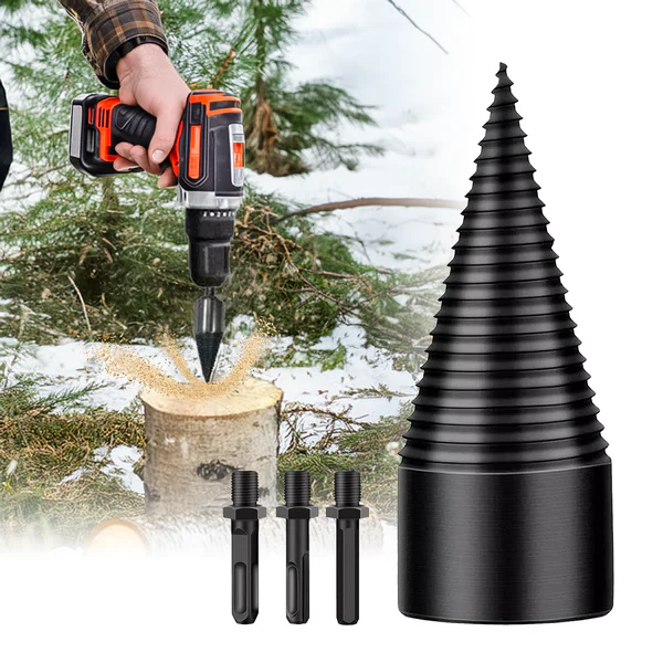 Heavy-duty carbon steel firewood splitter drill bit for efficient log splitting with power tools.
