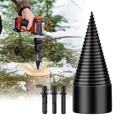 Heavy-duty carbon steel firewood splitter drill bit for efficient log splitting with power tools.