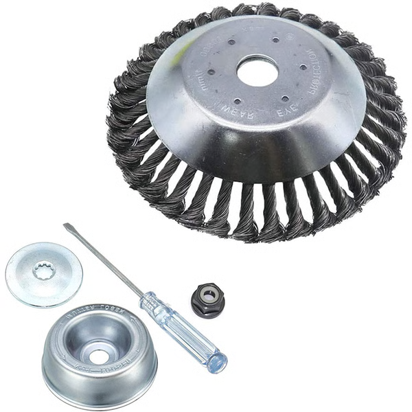 Robust carbon steel weed brush trimmer head for powerful garden weed removal and heavy-duty brush cutting.