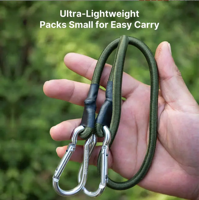 Closeup of 6-pack heavy-duty bungee cords with metal carabiner clips, ideal for cargo and outdoor gear.