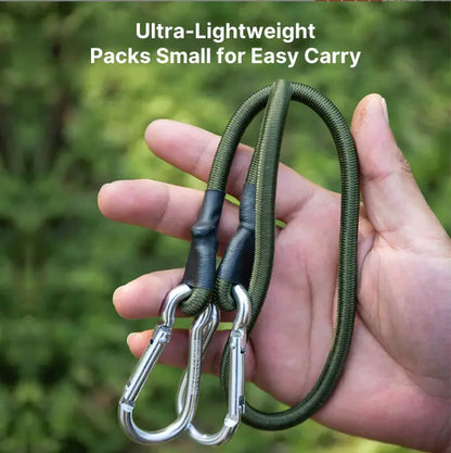 Closeup of 6-pack heavy-duty bungee cords with metal carabiner clips, ideal for cargo and outdoor gear.