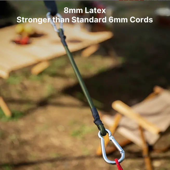 Elastic utility cords, 6-pack, for camping and storage, featuring strong carabiner fasteners.
