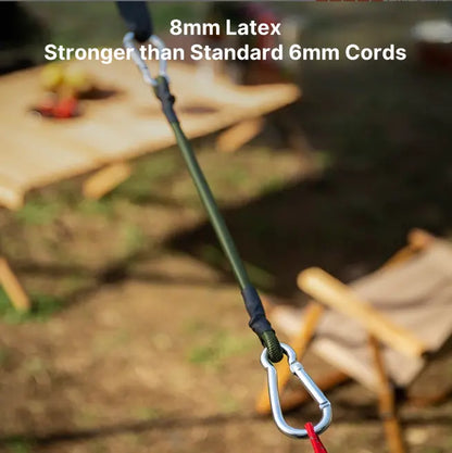 Elastic utility cords, 6-pack, for camping and storage, featuring strong carabiner fasteners.