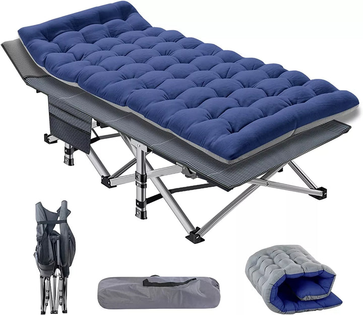 Heavy-duty folding camping cot with mattress, perfect for comfortable outdoor sleeping.