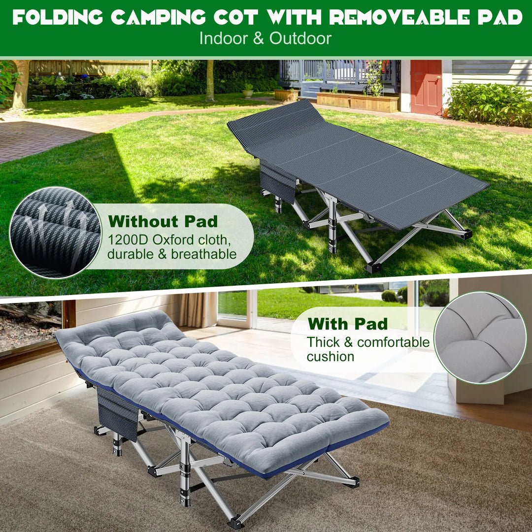 Portable outdoor bed, folding cot with mattress, providing elevation from the ground.