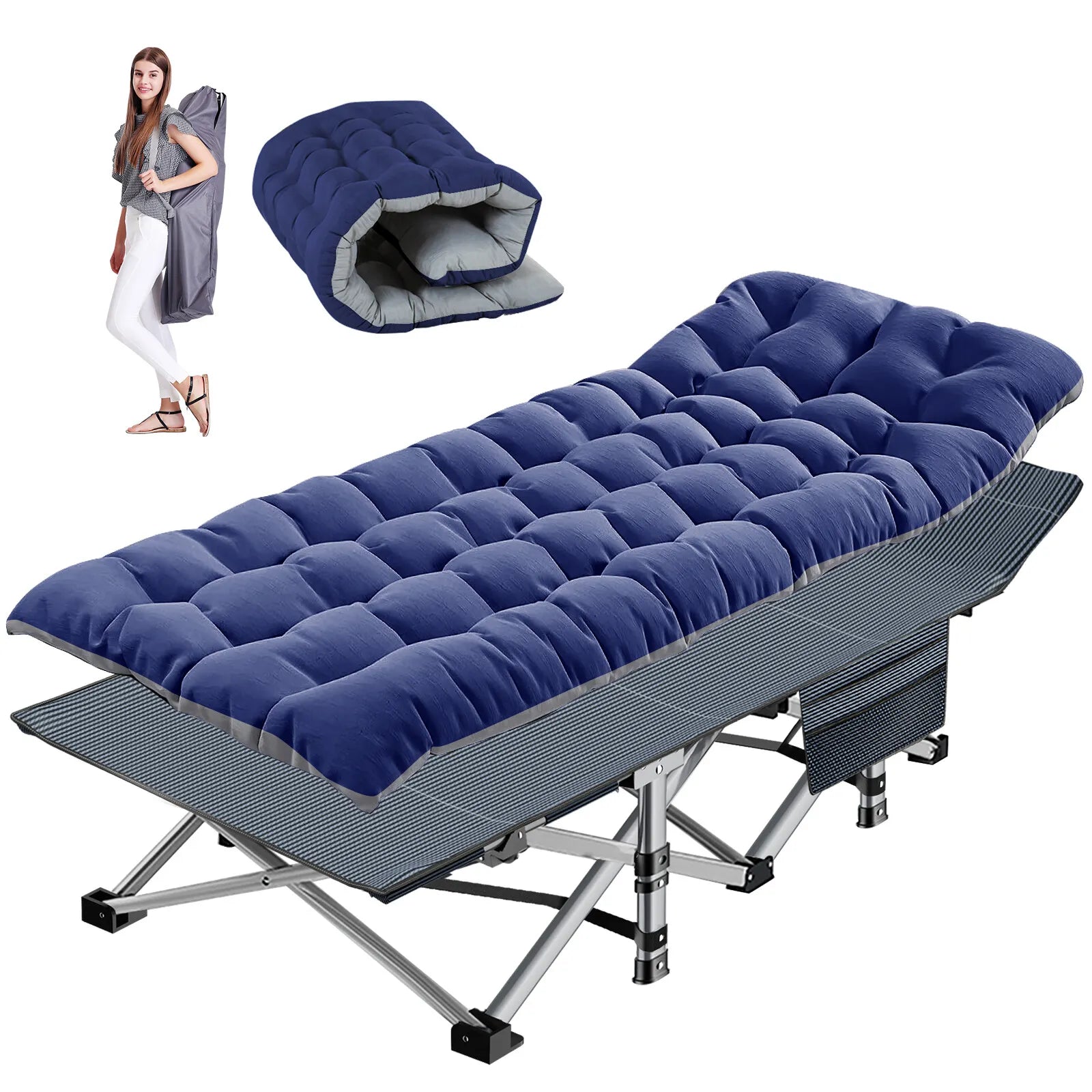 Easy-to-store portable camping cot, includes a supportive mattress for travel.