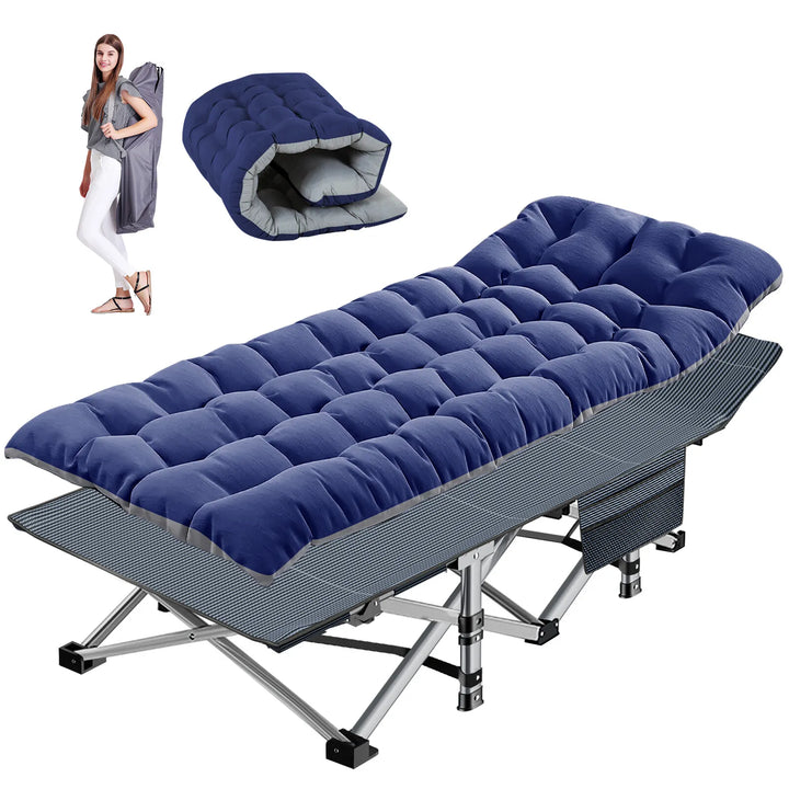 Easy-to-store portable camping cot, includes a supportive mattress for travel.