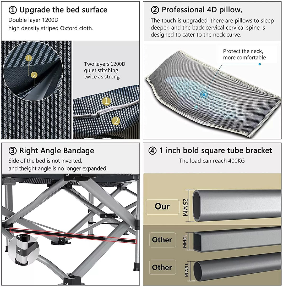 Top view of the portable folding camping cot mattress, highlighting its comfort.