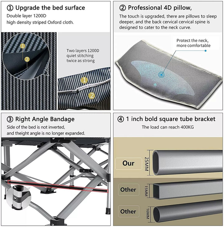 Top view of the portable folding camping cot mattress, highlighting its comfort.
