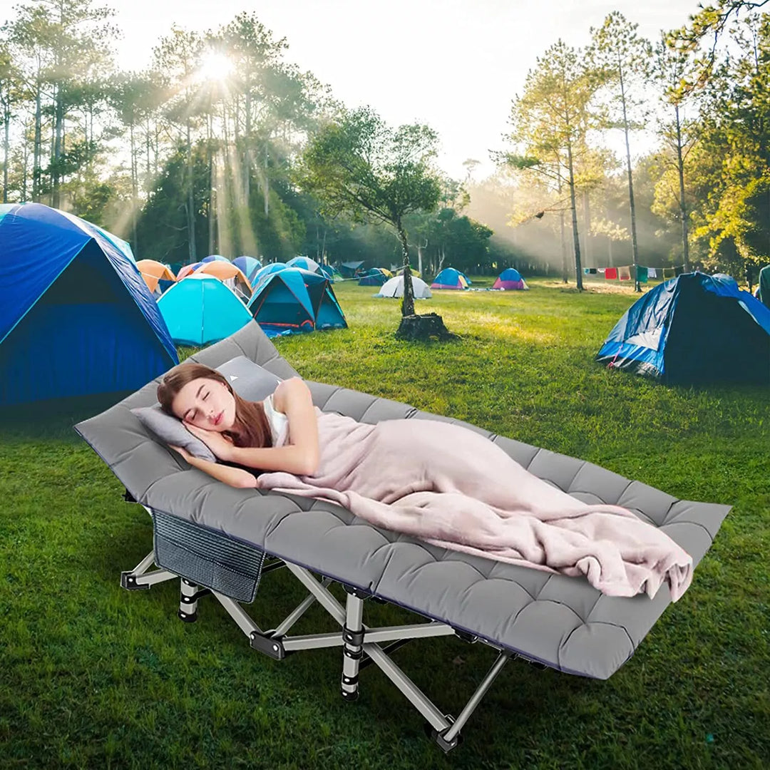 Side view of the heavy-duty folding camping cot, showing its robust leg structure.