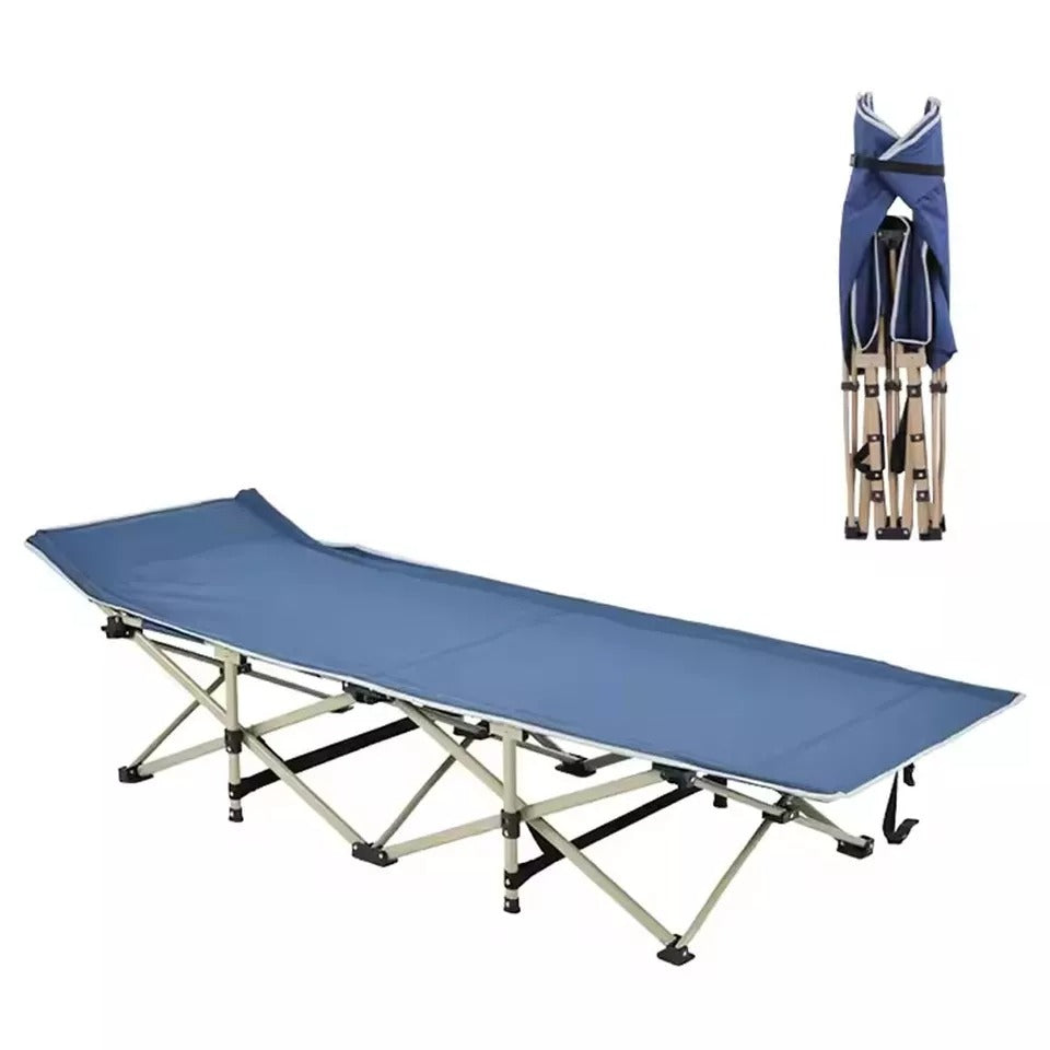 Portable camping cot in an outdoor setting, ready for relaxation under the stars.