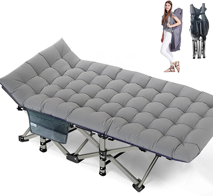 Folding camping cot, black frame & grey mattress, ideal for camping and temporary sleep.
