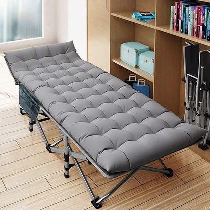 Outdoor bed: heavy-duty folding cot with supportive mattress for comfortable rest.