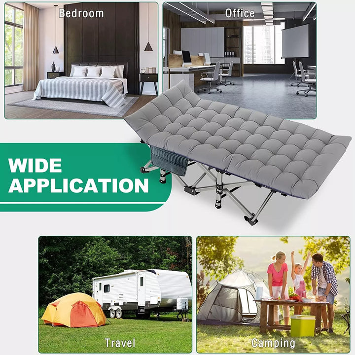 Robust folding camping cot, designed for heavy-duty use in various outdoor environments.