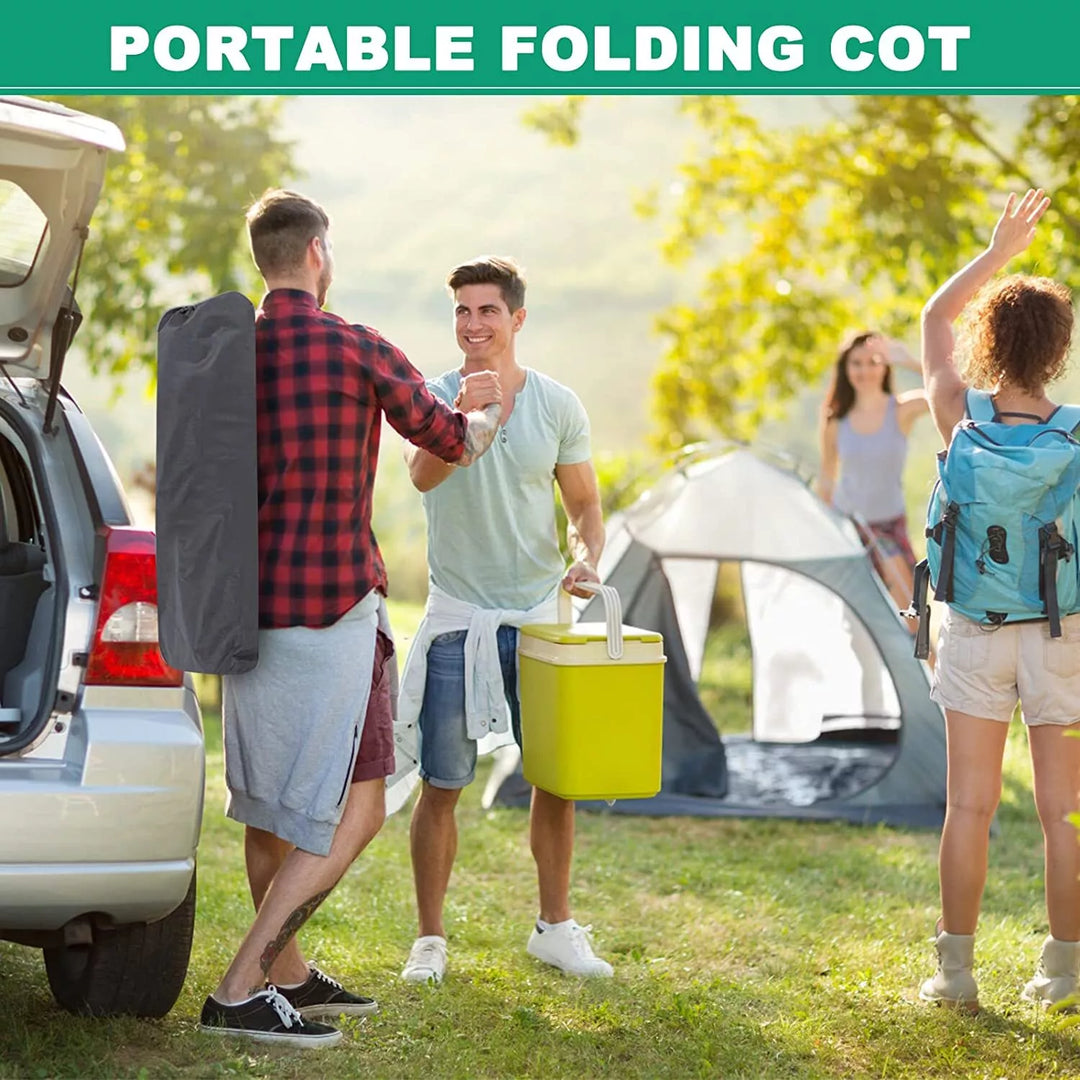 Comfortable portable cot with mattress, offering a raised sleeping solution for campers.