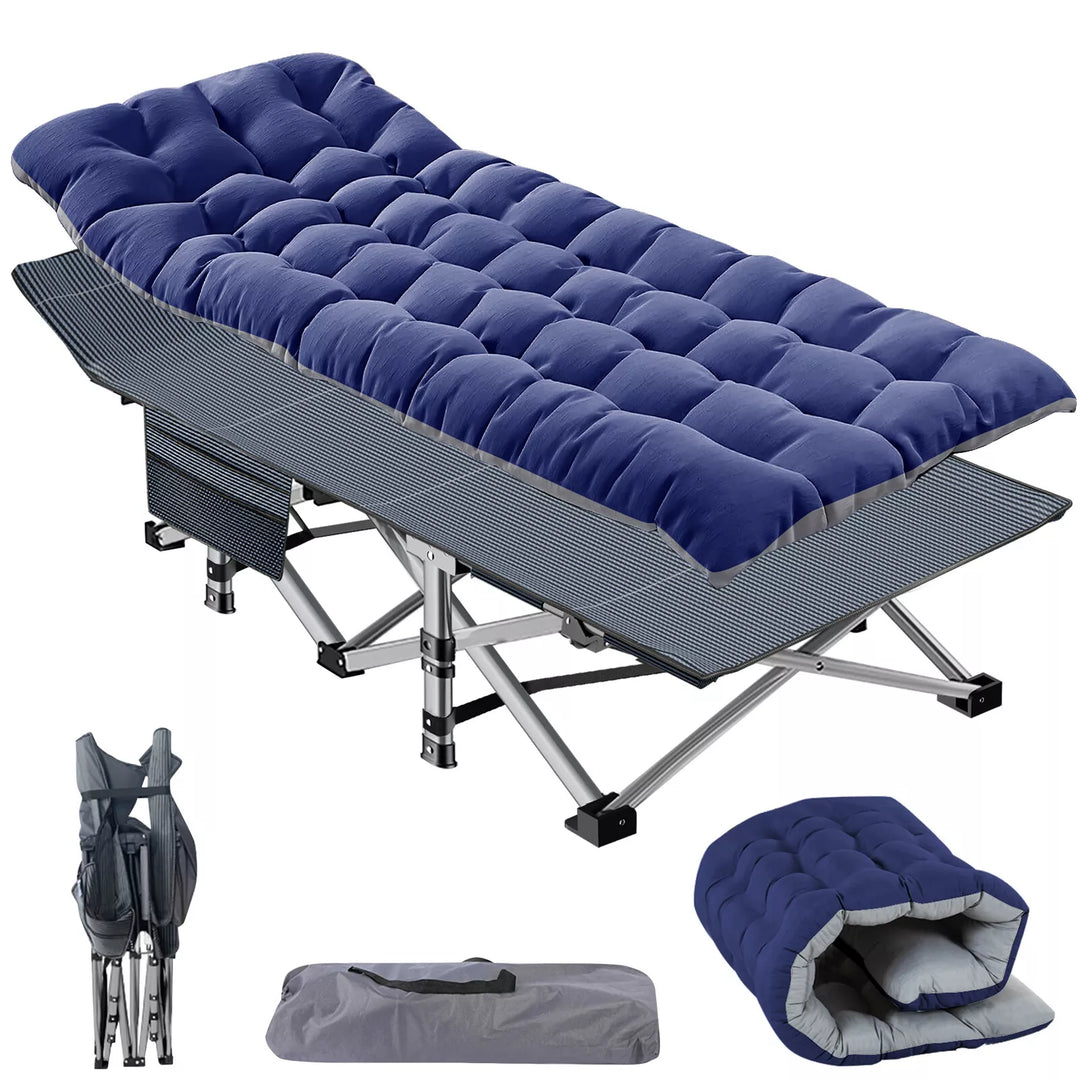 Compact folding camping cot with mattress, essential camping gear for a good night's sleep.