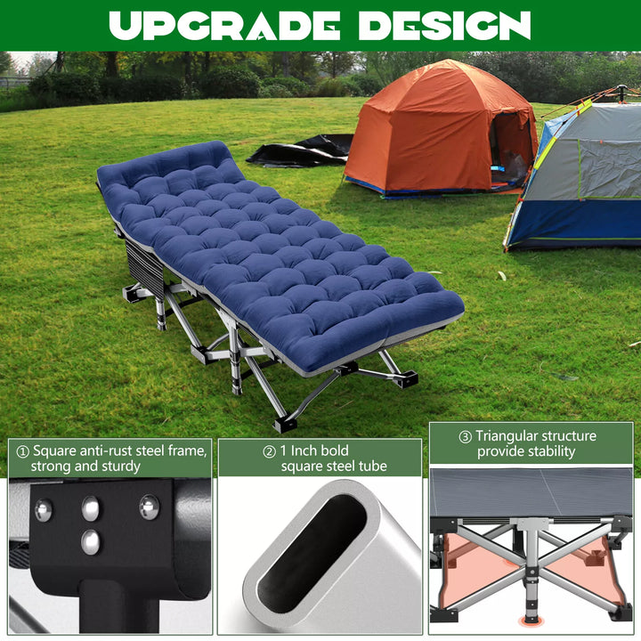 Durable heavy-duty camping cot, featuring a quick-fold design and comfortable mattress.