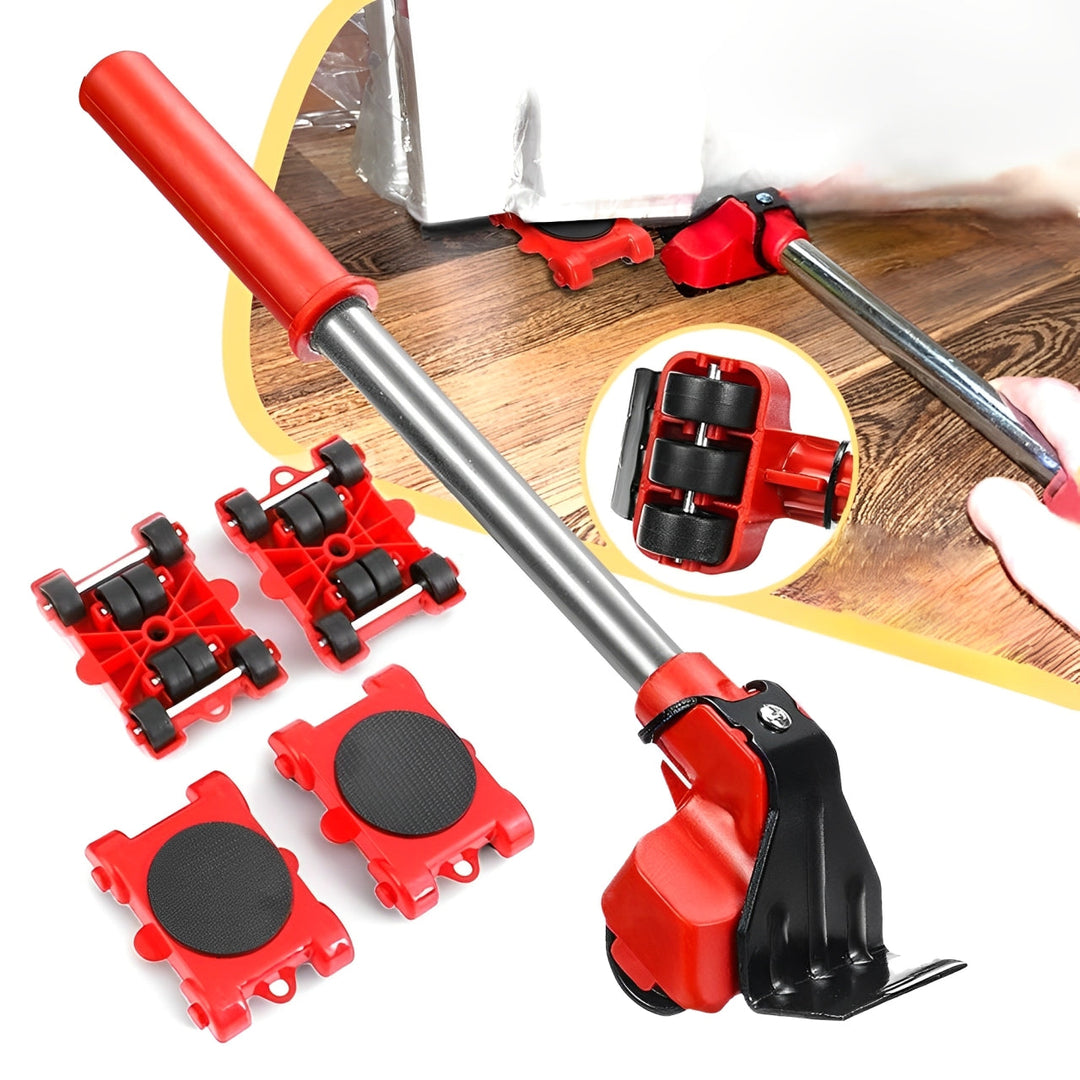 Heavy-duty furniture moving tool set with red lifter and 4 black 360° rotating gliders for easy, safe transport.