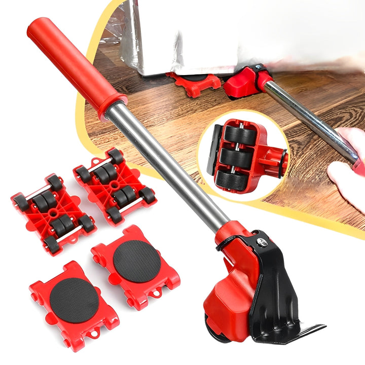 Heavy-duty furniture moving tool set with red lifter and 4 black 360° rotating gliders for easy, safe transport.