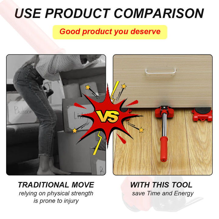Furniture moving tool set lifting a sofa onto gliders, demonstrating easy movement and floor protection.