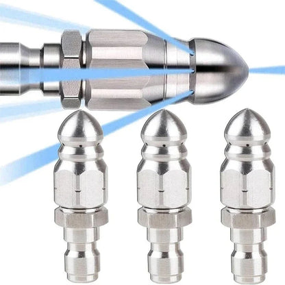 Stainless steel 1/4'' sewer jetter nozzle for high-pressure pipe cleaning, drain unclogging, and clog removal.