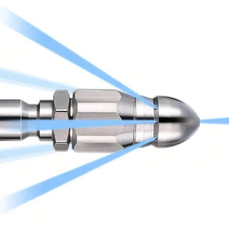High-pressure 1/4 inch connector sewer jetter nozzle, ideal drain cleaner for stubborn clogs in home plumbing.