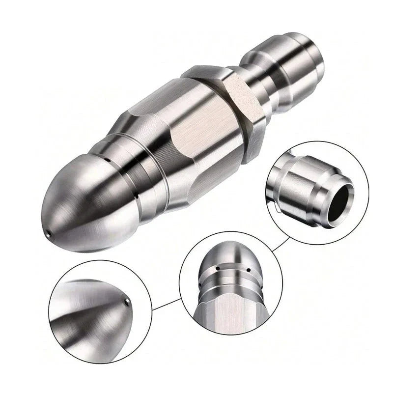 Durable heavy-duty 1/4'' pressure washer sewer jetter nozzle for powerful drain and pipe clog removal.