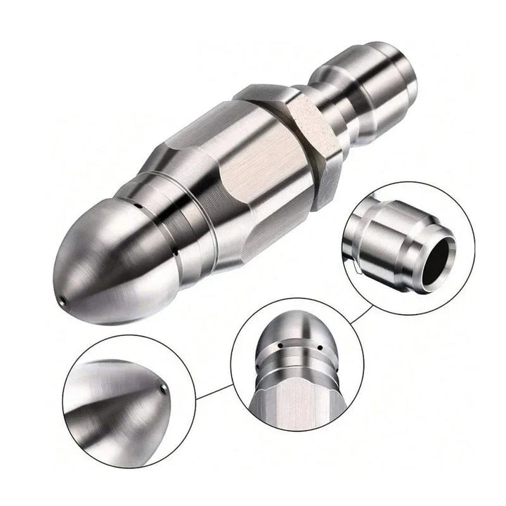 Durable heavy-duty 1/4'' pressure washer sewer jetter nozzle for powerful drain and pipe clog removal.
